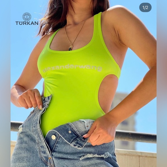 NWT Alexander Wang Neon Yellow Cutout One-Piece Swimsuit Logo Diamante Size S - Picture 2 of 12